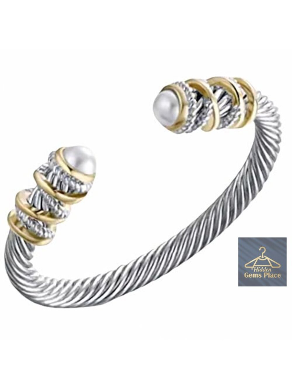 Stainless Steel Twisted Cable Cuff Bracelet with Shell Pearls, Adjustable 6"
